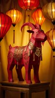 Red decorative goat sculpture with golden ornaments surrounded by colorful paper lanterns for lunar new year celebration and festival decoration.