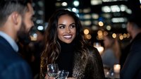 Young African American woman in elegant bronze sequined jacket smiling at upscale evening event with city lights background and champagne glass in hand.
