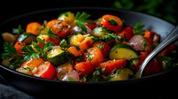 Fresh colorful vegetable salad with cherry tomatoes, cucumbers, red onions and herbs in dark bowl, close up view on rustic wooden table with parsley garnish.