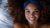 Young African American woman with curly hair wearing blue headband smiling warmly while lying on white bedding in bright natural light for lifestyle content.