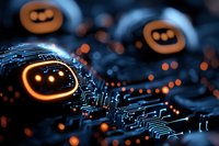 Futuristic circuit board with glowing orange elements against dark background, showcasing advanced technology with intricate electronic pathways.