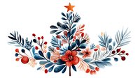 Watercolor floral arrangement with navy blue leaves, coral flowers, red berries and golden star on top, creating elegant botanical composition on white background.