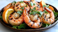 Grilled jumbo shrimp with fresh herbs, citrus, and black pepper served on rustic ceramic plate, close up view showing charred texture and garnish.