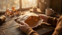 Hands holding autumn maple leaf on rustic wooden table with warm sunlight streaming through window creating cozy seasonal atmosphere for fall crafts.