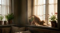 Long-haired cat stretching on windowsill with potted plants and natural sunlight streaming through large windows, creating warm atmospheric indoor scene.