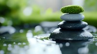 Zen spa stones stacked with green moss and water drops on bamboo leaves creating peaceful meditation atmosphere for wellness and relaxation treatments.
