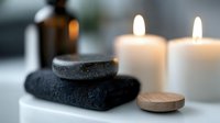 Spa wellness composition with black towel, stone, wooden element and glowing candles creating relaxing atmosphere for massage therapy.
