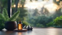 Tranquil wellness scene with essential oil bottle, crystals, and potted plant on wooden table against blurred forest background at sunset.