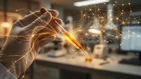 Businessman hand touching glowing digital network connections and data analytics visualization in modern office workspace for technology innovation.