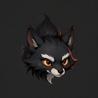 Black fox head with orange eyes and white markings on dark background, stylized fantasy art character design for gaming, mascot or logo creation.