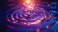 Glowing water droplet creating concentric ripples with vibrant pink and blue light reflections, suitable for abstract backgrounds and digital design projects.