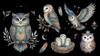 Decorative owl clipart set with five charming illustrations isolated on transparent background, ready for stickers, t-shirt design, sublimation, and print on demand.
