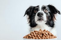 Border Collie dog with attentive expression looking up while sitting near bowl of dry kibble food on white background, pet nutrition concept.