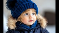 Adorable toddler girl with blue eyes wearing knitted winter hat and fur-trimmed jacket looking up with curious expression during cold season outdoors.