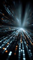 Abstract digital data stream with glowing particles and light rays creating dynamic motion blur effect for technology and innovation concepts.