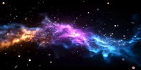Colorful cosmic nebula with vibrant purple, orange and blue gas clouds swirling through starry deep space, creating dramatic celestial formation against dark background.