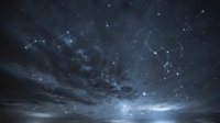 Night sky with constellation patterns and connected stars over dramatic cloudy horizon creating mystical astronomy scene for educational and spiritual content.