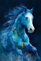 Majestic blue horse with flowing mane in dynamic motion against dark background, fantasy art style for creative projects and mystical designs.