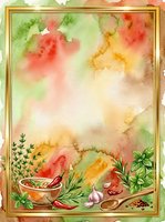 Watercolor background with fresh herbs, spices, and cooking ingredients in warm tones, featuring gold frame border. Ideal for culinary, recipe, and food-related design projects.