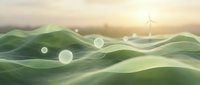 Abstract green landscape with floating spheres and wind turbines at sunset creating sustainable energy concept for environmental design projects.