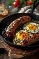 Grilled sausages with sunny side up eggs in cast iron pan, garnished with fresh herbs and spices. Rustic wooden background with tomatoes and bread.