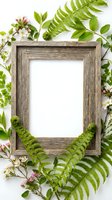 Rustic wooden frame surrounded by fresh green ferns, leafy branches, and delicate pink flowers on white background, ideal for nature-themed designs and botanical presentations.