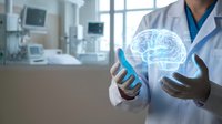 Doctor holding holographic brain model in modern medical facility showcasing neurology and healthcare technology innovation for patient treatment.