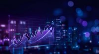 Financial trading chart with upward trend arrow showing market growth and investment success on dark blue background with bokeh lights.