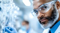 African American male scientist wearing safety goggles in modern laboratory conducting research with glass equipment for medical and pharmaceutical studies.