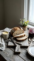 Sliced sourdough bread on rustic wooden cutting board with butter, berry jam, and wildflowers by window. Cozy homemade breakfast scene.