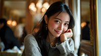Young Asian woman smiling warmly while resting chin on hand in elegant restaurant setting with soft lighting and blurred background for lifestyle content.