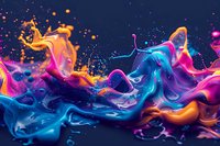Vibrant liquid art with swirling neon colors of blue, pink, and orange creating dynamic abstract shapes against dark background, with splashing droplets and fluid motion.