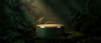 Luxury green and gold cylindrical podium surrounded by lush ferns and moss in a dark forest setting, lit by dramatic rays of light.