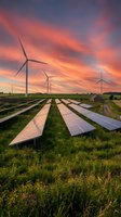 Wind turbines and solar panels in green field at dramatic sunset showcasing renewable energy technology and sustainable power generation for environmental projects.