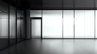 Minimalist empty office interior with glass walls and reflective floor in monochrome style, creating modern corporate atmosphere for business presentations.
