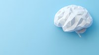 Low poly white brain model on light blue background with copy space, modern minimalist design concept for neuroscience and artificial intelligence.