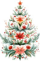 Watercolor Christmas tree made of pine branches, poinsettias, red berries and orange star on top, isolated on white background for holiday designs.