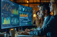 Business professionals analyzing financial data charts and graphs on computer monitors in modern office environment for strategic planning.