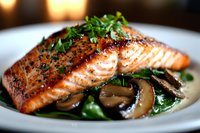 Grilled salmon fillet with pepper crust served on bed of sauteed spinach and mushrooms in cream sauce, garnished with fresh herbs on white plate.