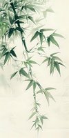 Delicate bamboo branches with green leaves in traditional Asian ink painting style on light background, creating zen-like atmosphere for wall art and interior design.