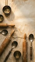 Vintage kitchen utensils and cookware arranged on aged parchment paper background for culinary design projects and cooking themes.