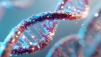 Glowing DNA helix structure with blue and red illumination on turquoise background, representing genetic research and biotechnology science.