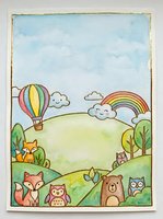 Whimsical woodland scene with hot air balloon, rainbow, and forest animals including fox, owl, and bear on rolling hills with watercolor style illustration.