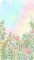Soft watercolor floral border with pastel pink, blue, and green wildflowers, peonies, lavender, and ferns on a dreamy gradient background.