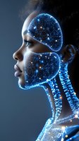 Young African woman in profile with glowing blue digital network pattern overlay creating futuristic cybernetic effect against dark background.