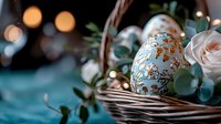 Decorative Easter egg with delicate gold floral pattern in wicker basket alongside fresh roses and eucalyptus, soft bokeh lights creating festive atmosphere.