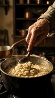 Senior man stirring cooked chickpeas in pot with wooden spoon in warm kitchen lighting. Traditional cooking and food preparation.