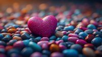 Pink heart-shaped object surrounded by colorful spheres with bokeh background for romantic designs and Valentine's Day projects.