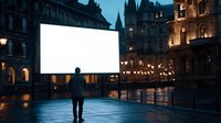 Man standing in front of large blank white projection screen in historic European city square at dusk, illuminated buildings and gothic architecture create atmospheric backdrop.