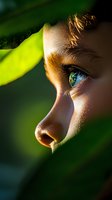 Close-up profile view showing bright blue eye with long eyelashes in natural sunlight through green leaves, creating dramatic lighting and shadow effects.